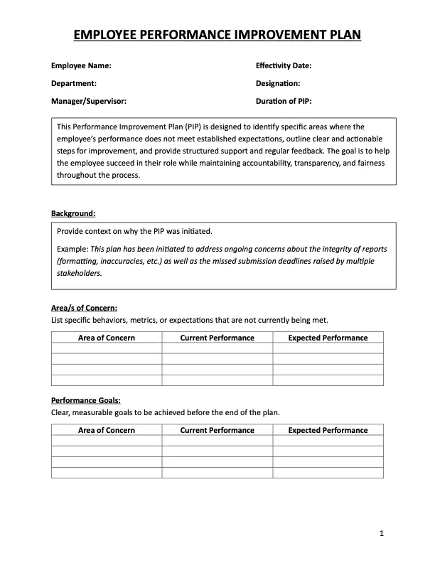 Employee performance improvement plan sample 1